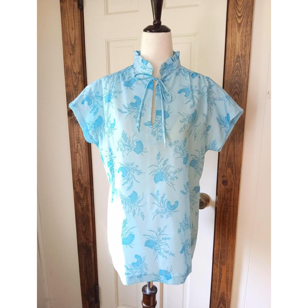 Vintage Turquoise Floral Blouse: Ruffle Neck Tie, Short Sleeve (Size M/L)